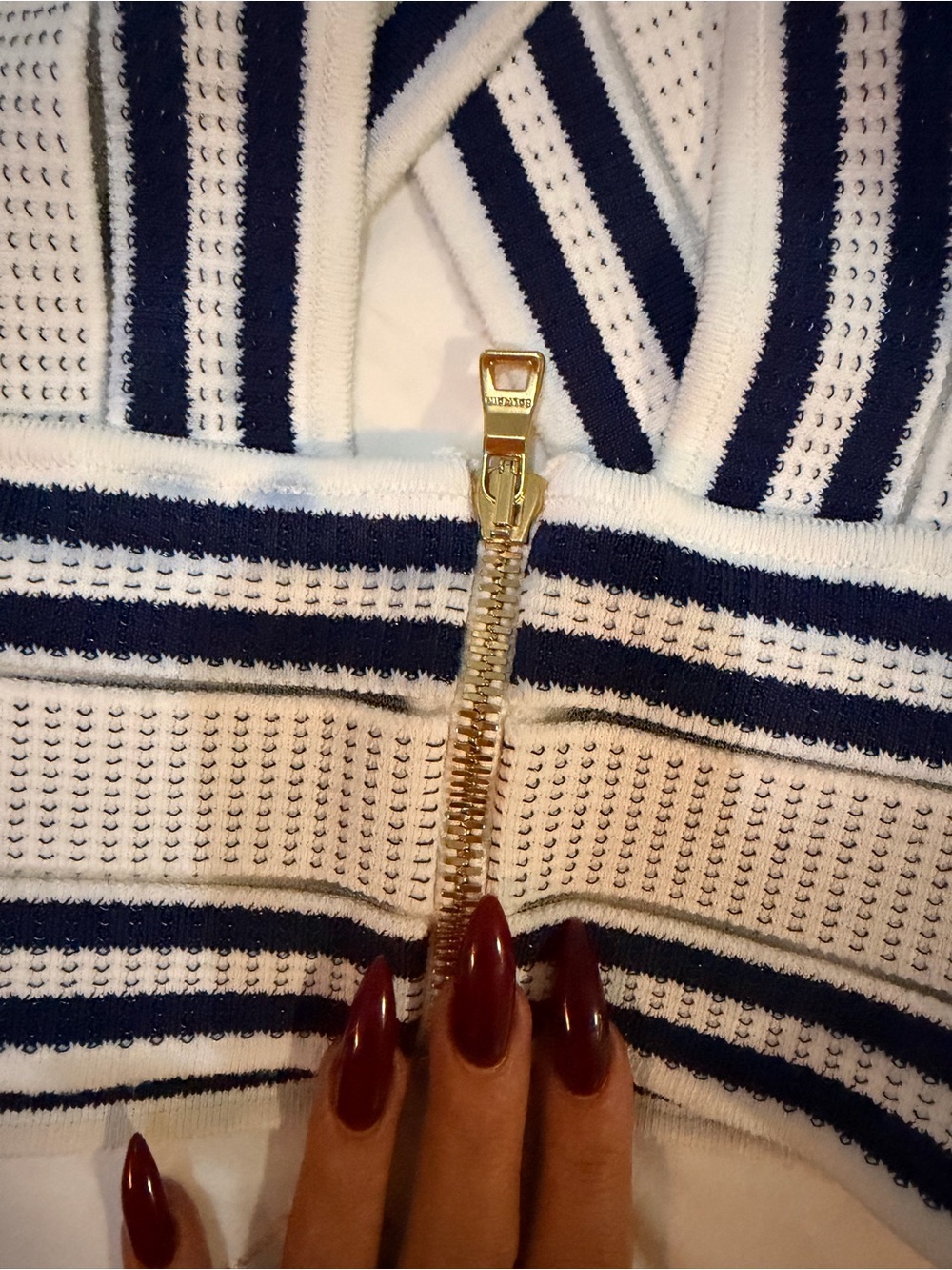 BALMAIN Striped Cross-Front Knit Crop Top - White & Navy GOLD ZIP Sz 34 36 - Picture 8 of 14
